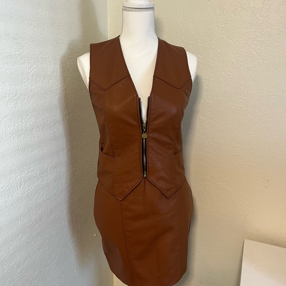 Vintage 70’s ParkV Brown Leather Zip-Up Size 8 Skirt and Vest